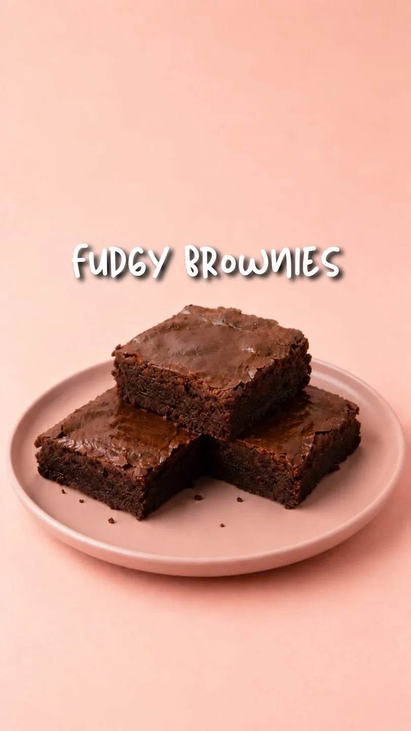 Three fudgy brownies on a pink plate, from their Instagram reel