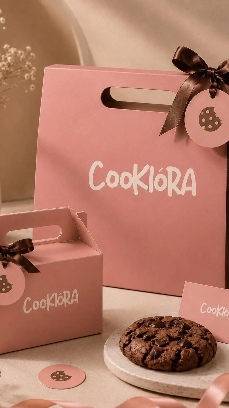 Pink Cookiora gift bags and a cookie on a plate