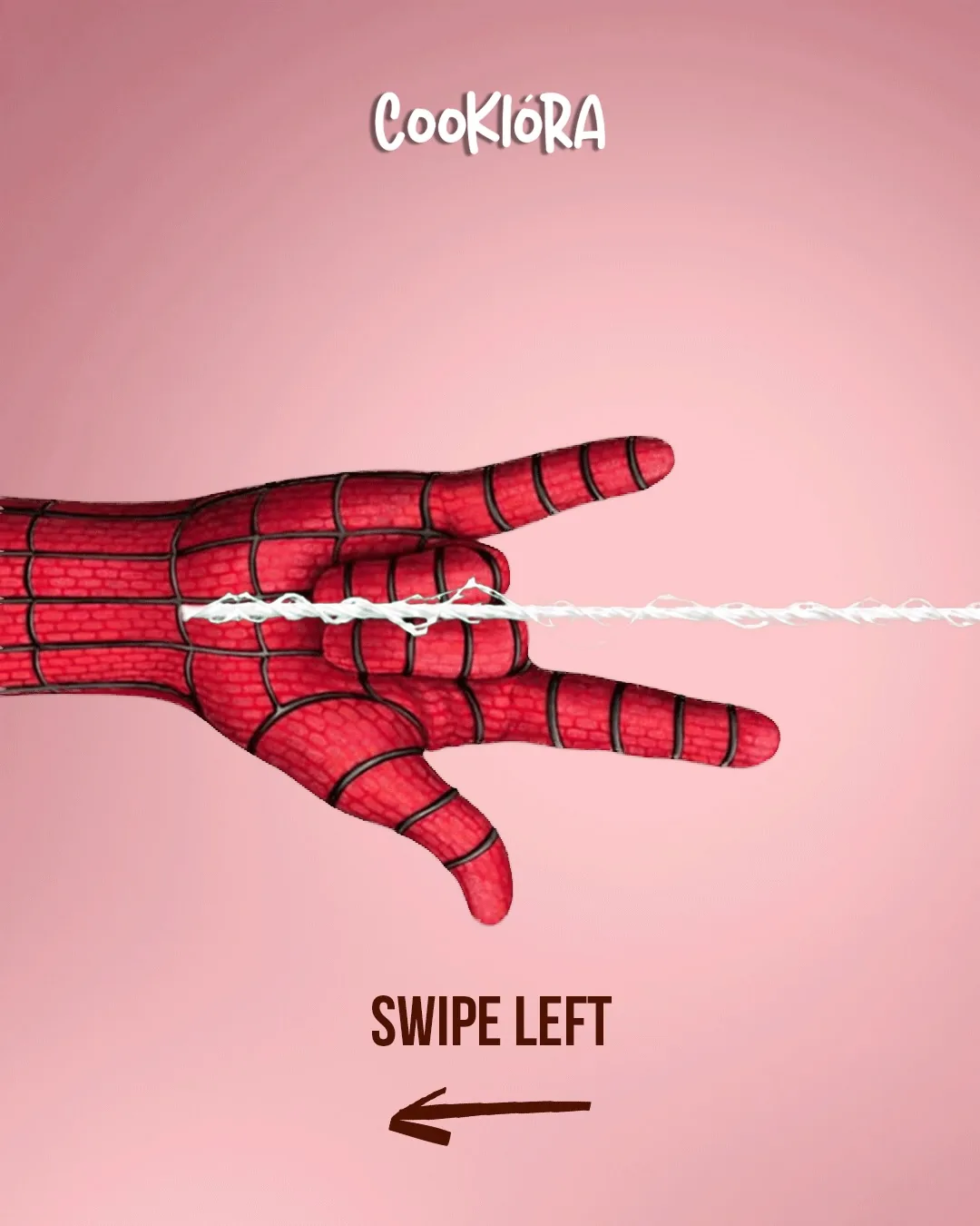 A four-slide panorama: Spiderman's hand shoots a web across pink that ends wrapped around five Cookiora cookies. Every hero needs an emotional support cookie. Or five.