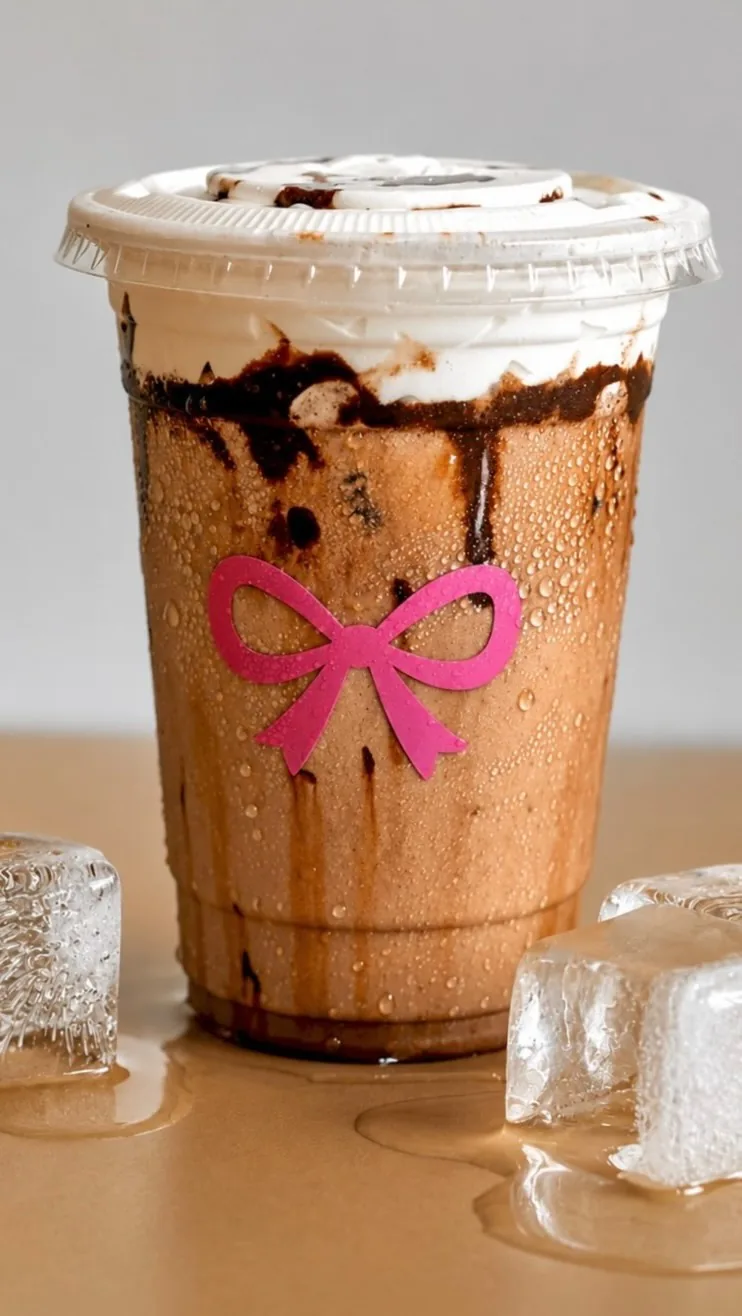 A brownie frappe with a pink bow on the cup, beside ice cubes