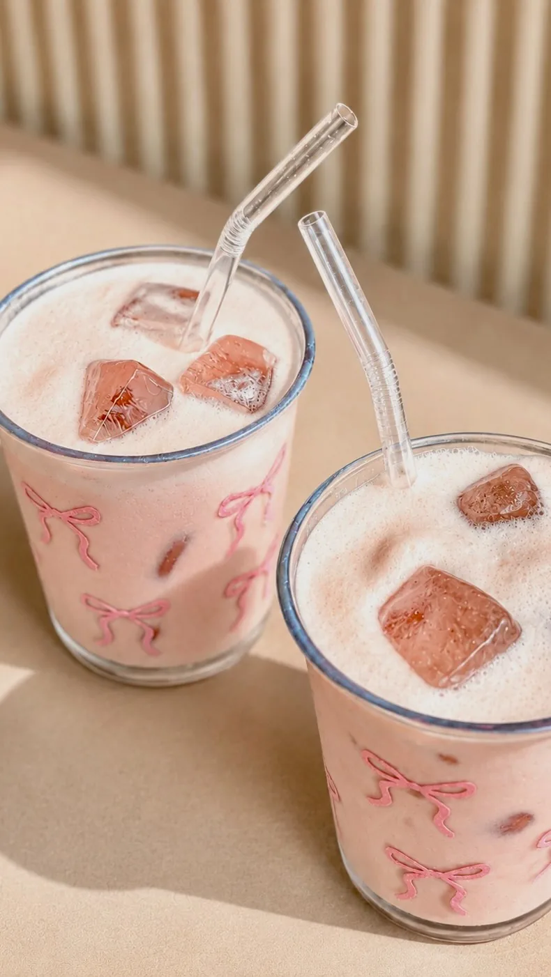Two strawberry iced drinks with bow-printed cups
