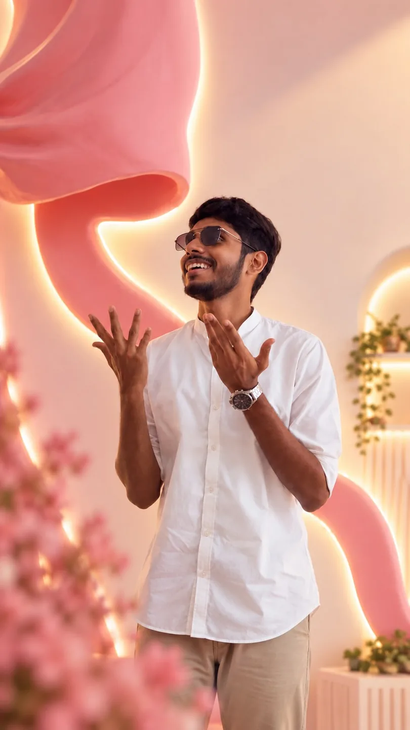 A man in sunglasses gesturing in front of a pink archway