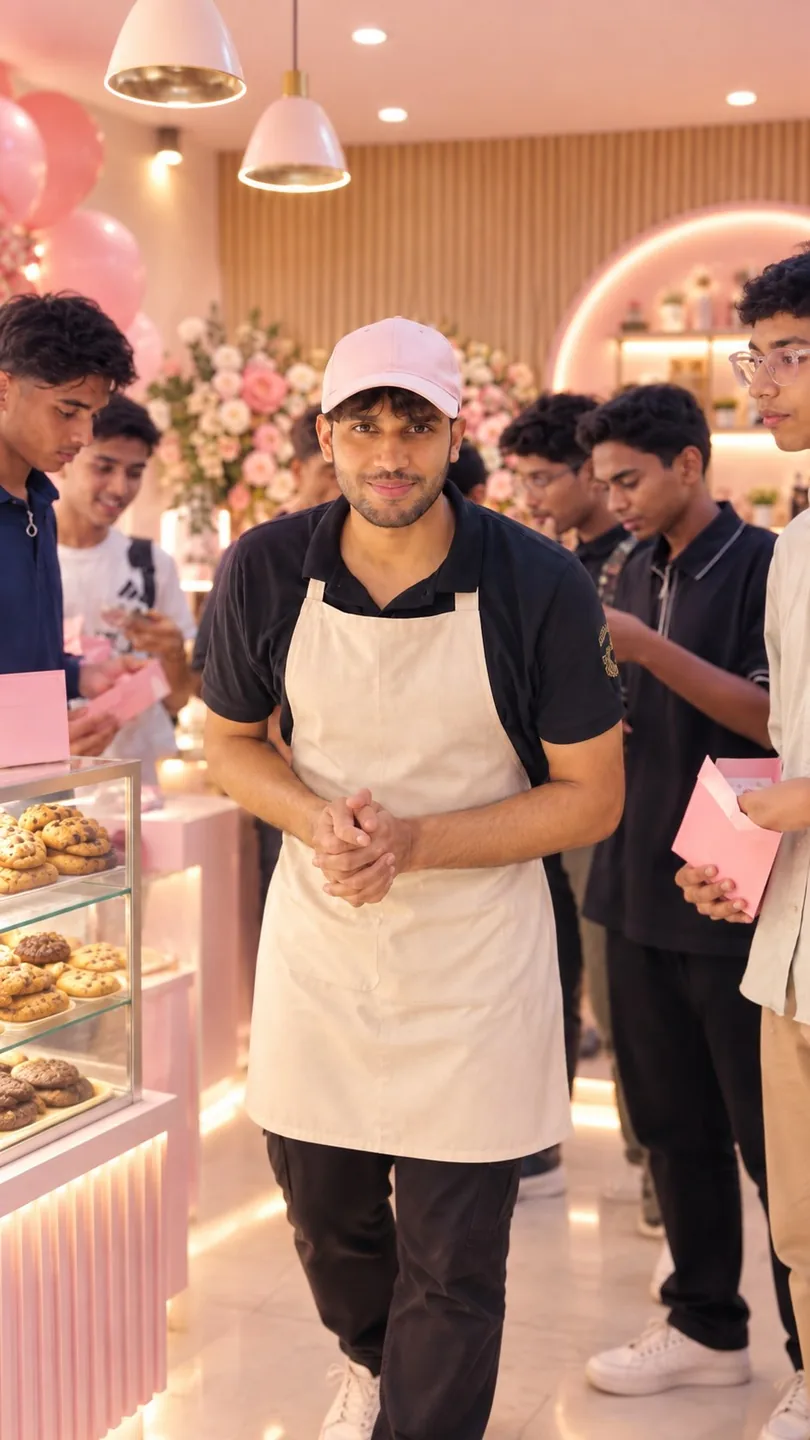 A smiling man in an apron on opening day with a crowd behind him