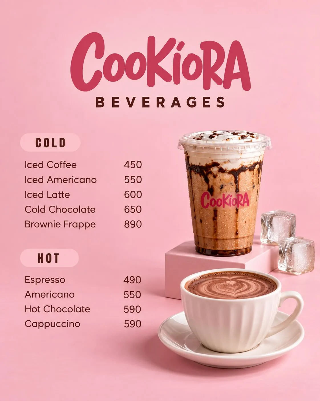 The beverages page of the Cookiora menu, cold and hot, with prices