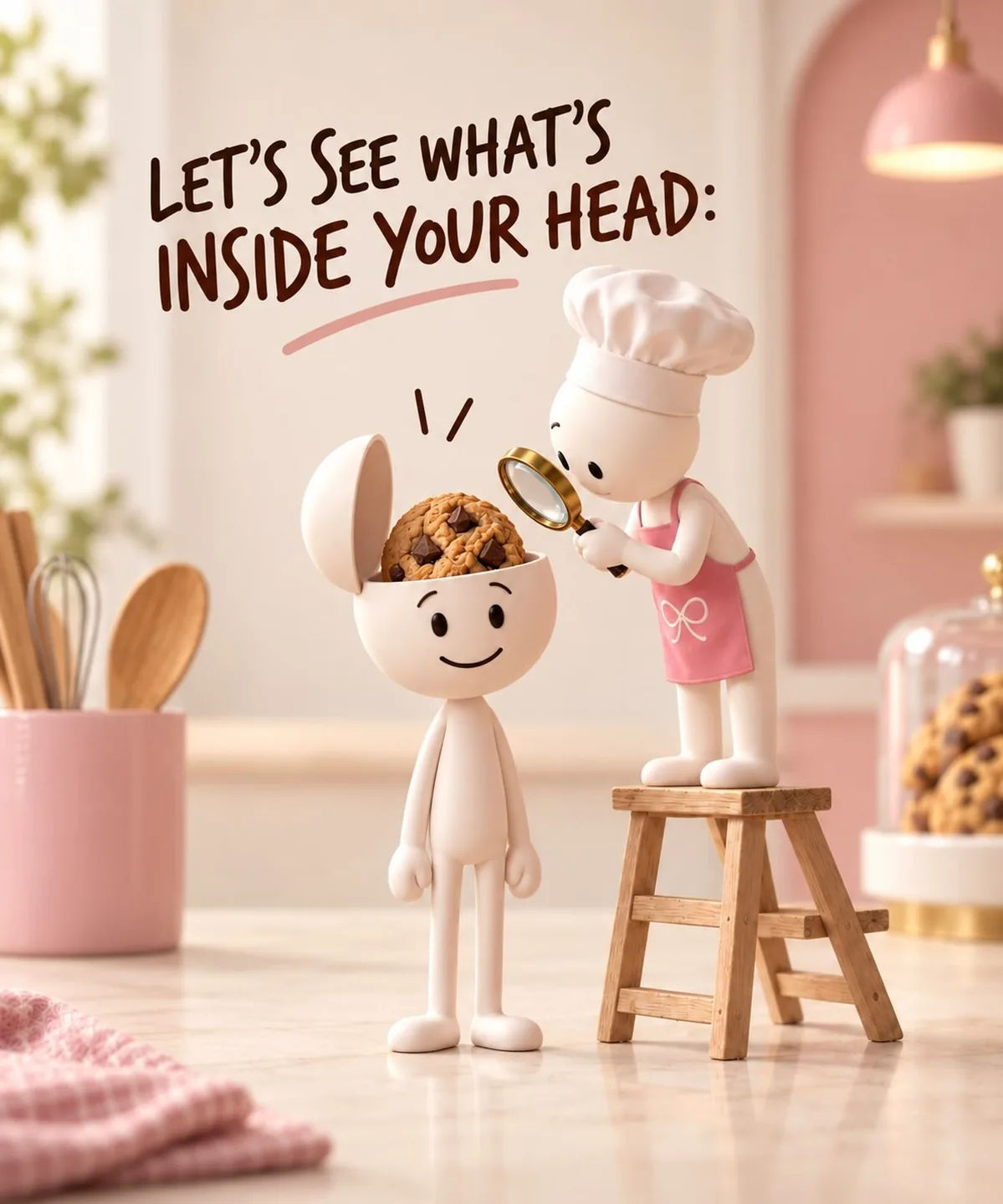 A little chef figure peeks into a cartoon head and finds a cookie: let's see what's inside your head