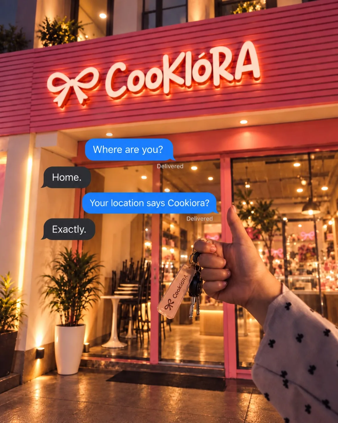 The lit Cookiora storefront with a chat: where are you? home. your location says Cookiora?
