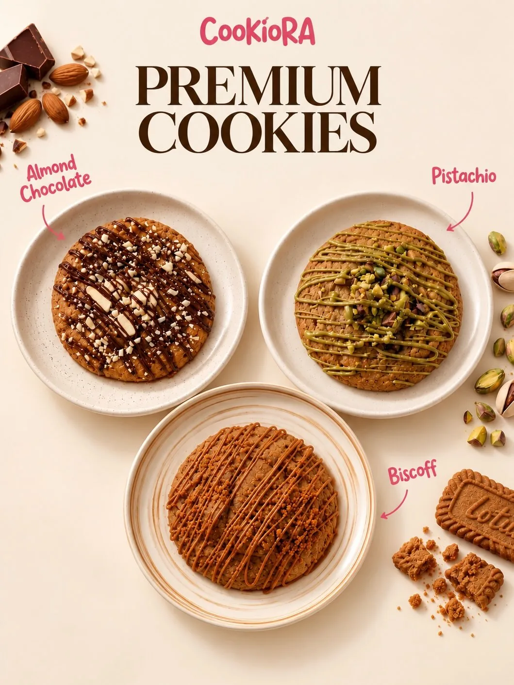 Premium cookies poster: almond chocolate, pistachio and Biscoff cookies on plates
