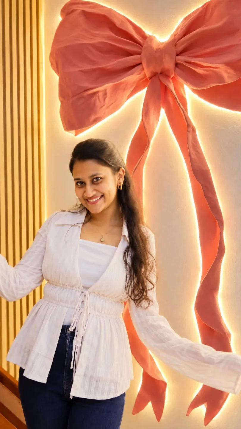 A visitor smiling in front of the big pink bow