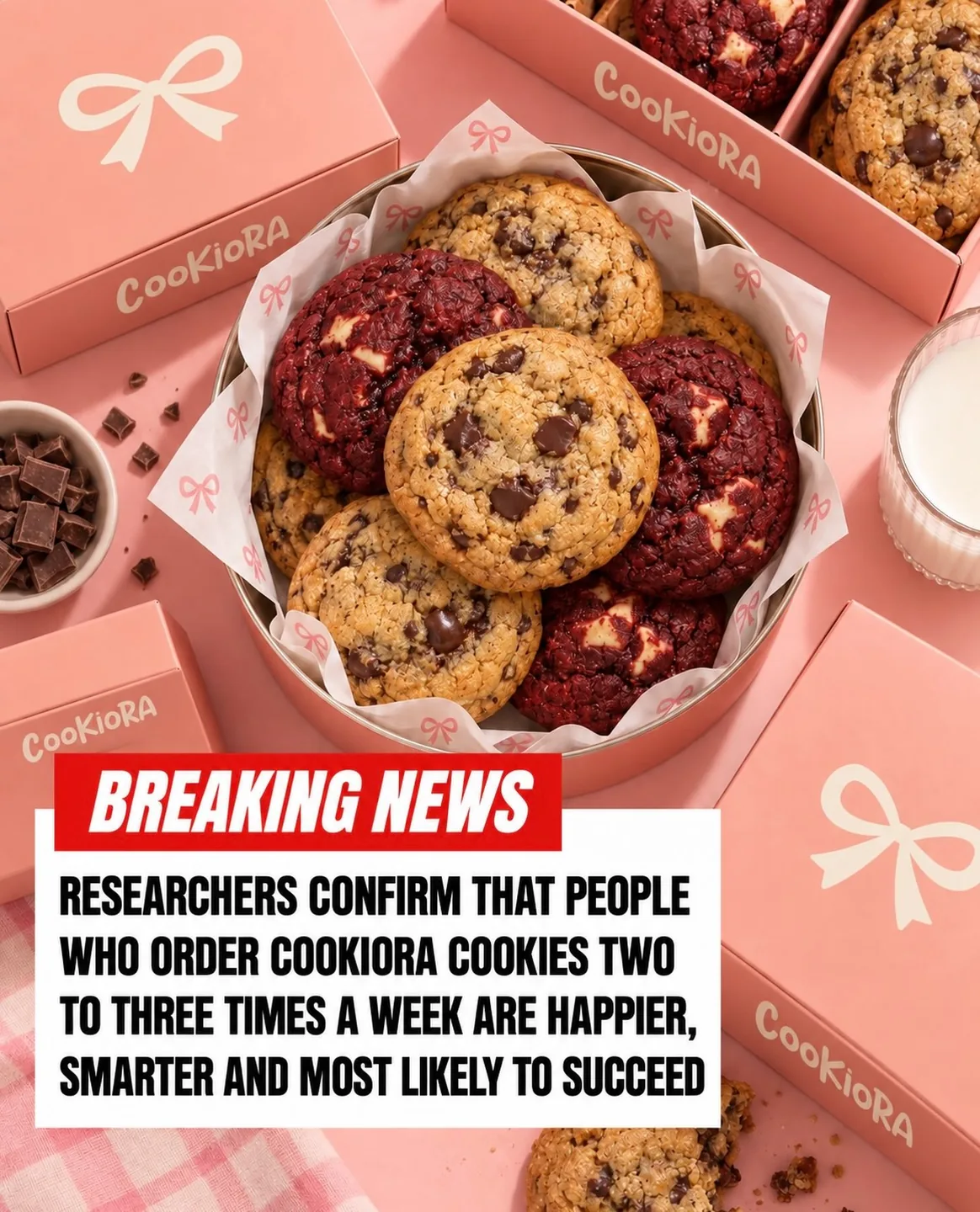 Breaking news card over a tin of cookies: researchers confirm people who order Cookiora cookies are happier