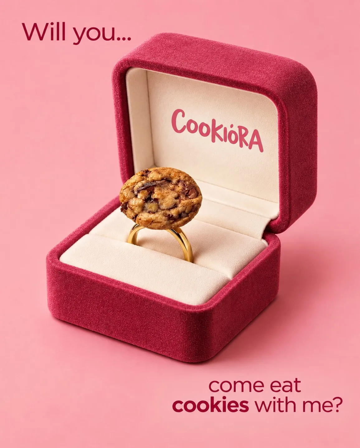 A velvet ring box holding a tiny cookie ring: Will you… come eat cookies with me?