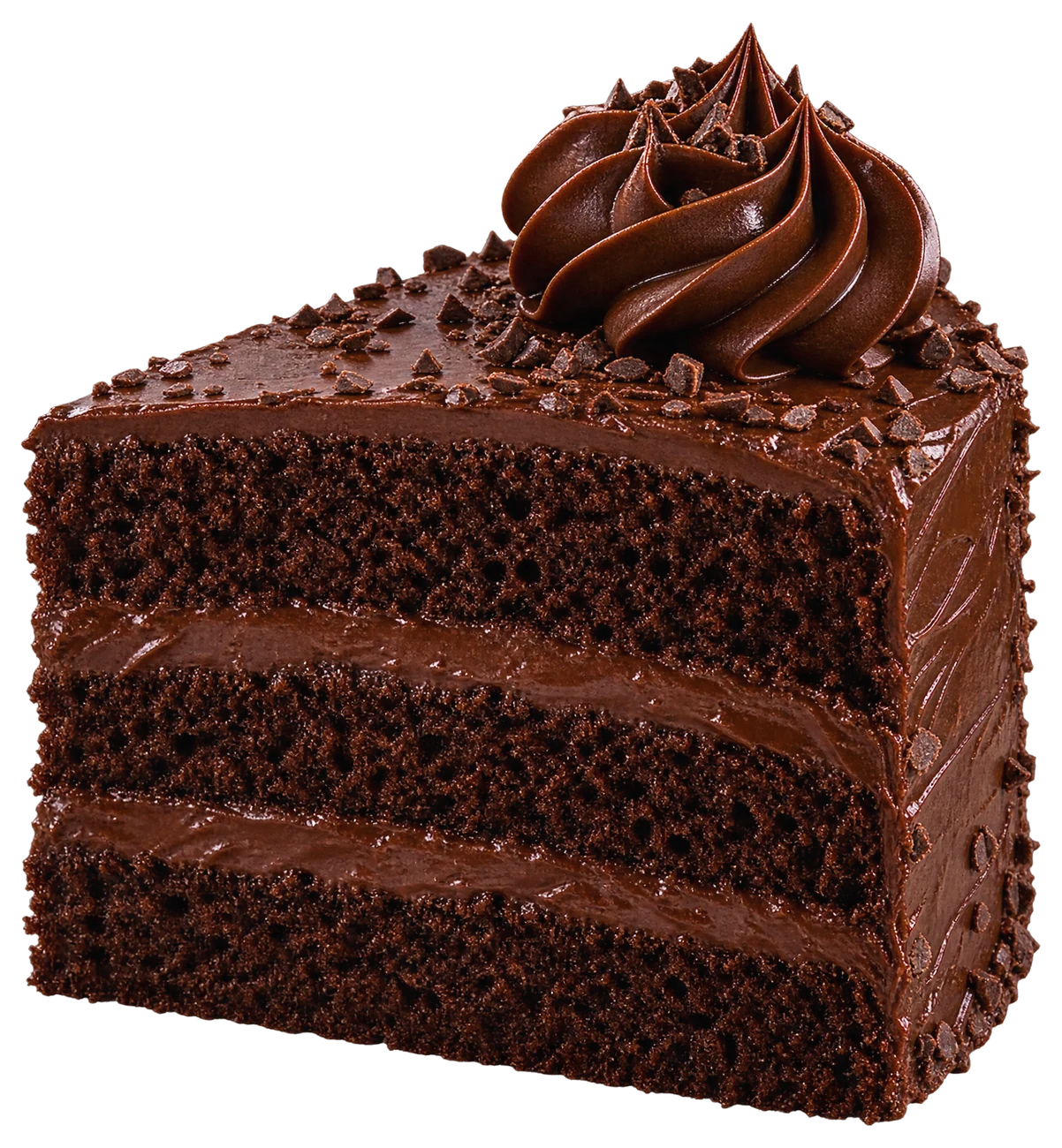 A slice of the OG Ganache cake: three chocolate sponge layers, ganache frosting and a piped chocolate swirl