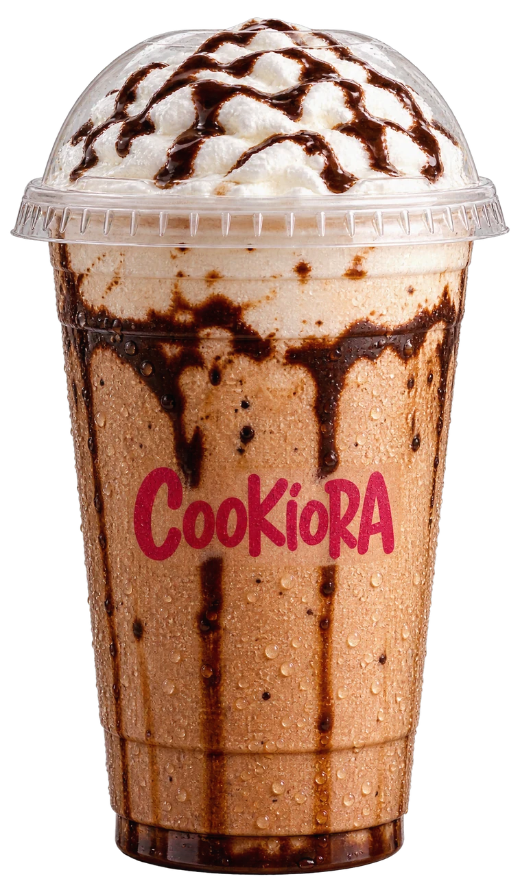 Brownie Frappe in a Cookiora cup, whipped cream and chocolate drizzle under a dome lid