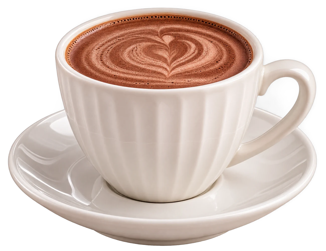 Hot Chocolate with a heart of latte art, in a fluted white cup and saucer