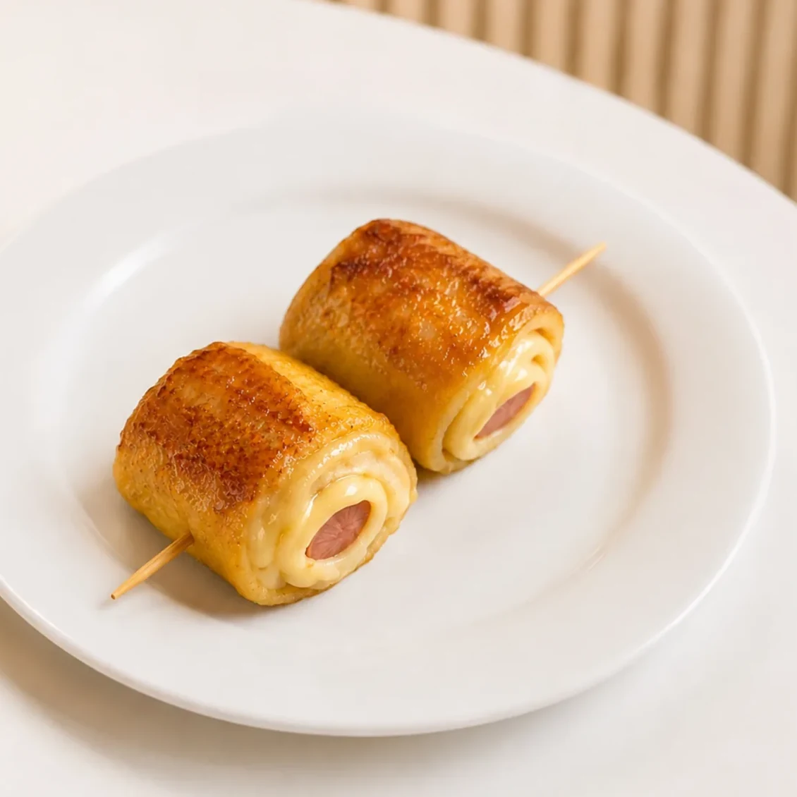Two Korean Cheese Rolls on a skewer, on a white plate, their photograph