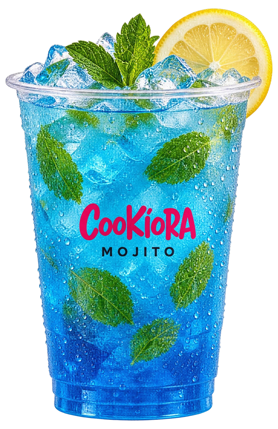 Blue Curaçao Mojito in a clear Cookiora cup with mint, crushed ice and a lemon wheel